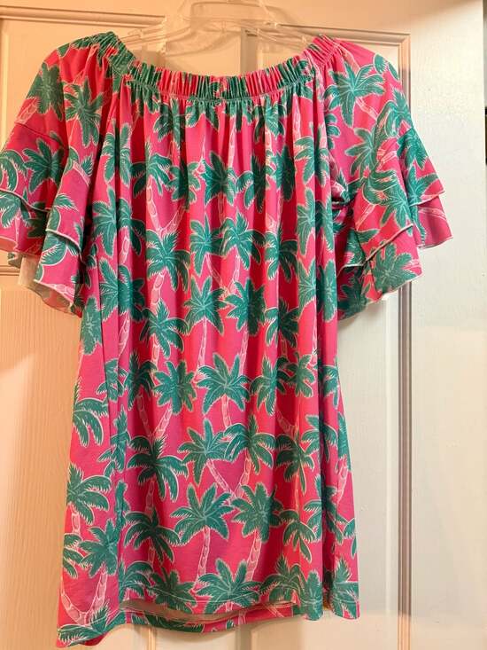 Simply Southern Tops - Simply Southern Pink Palm Tree Off the Shoulder Ruffle Sleeve Blouse